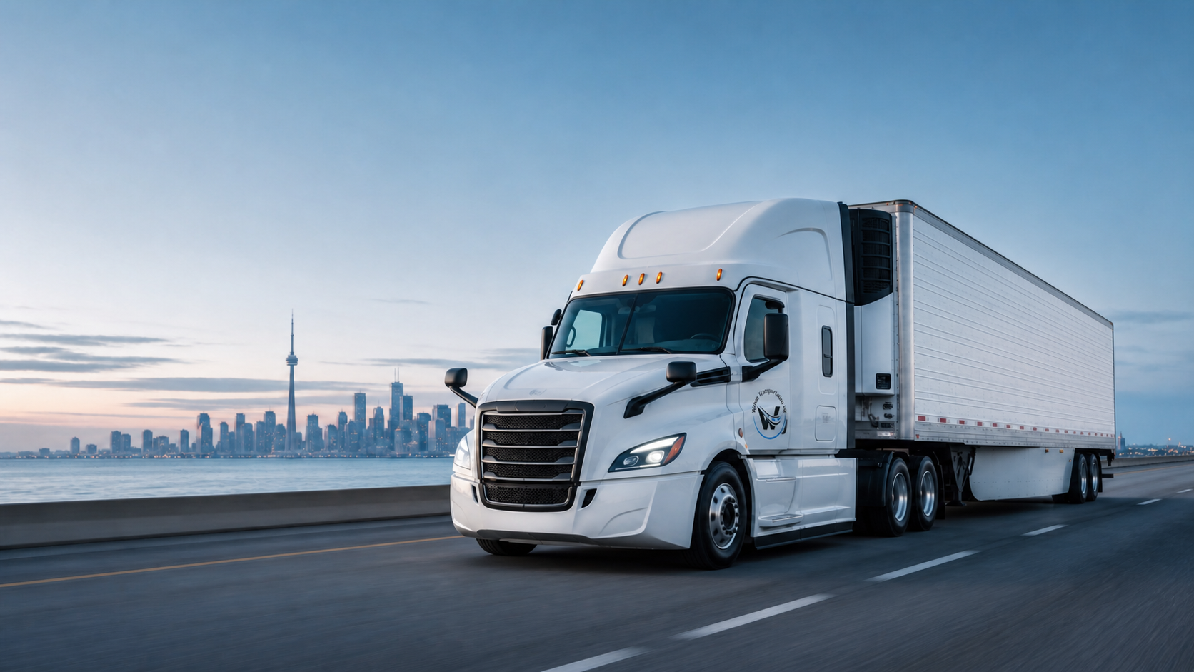 White reefer tractor trailer on a Toronto highway at dawn